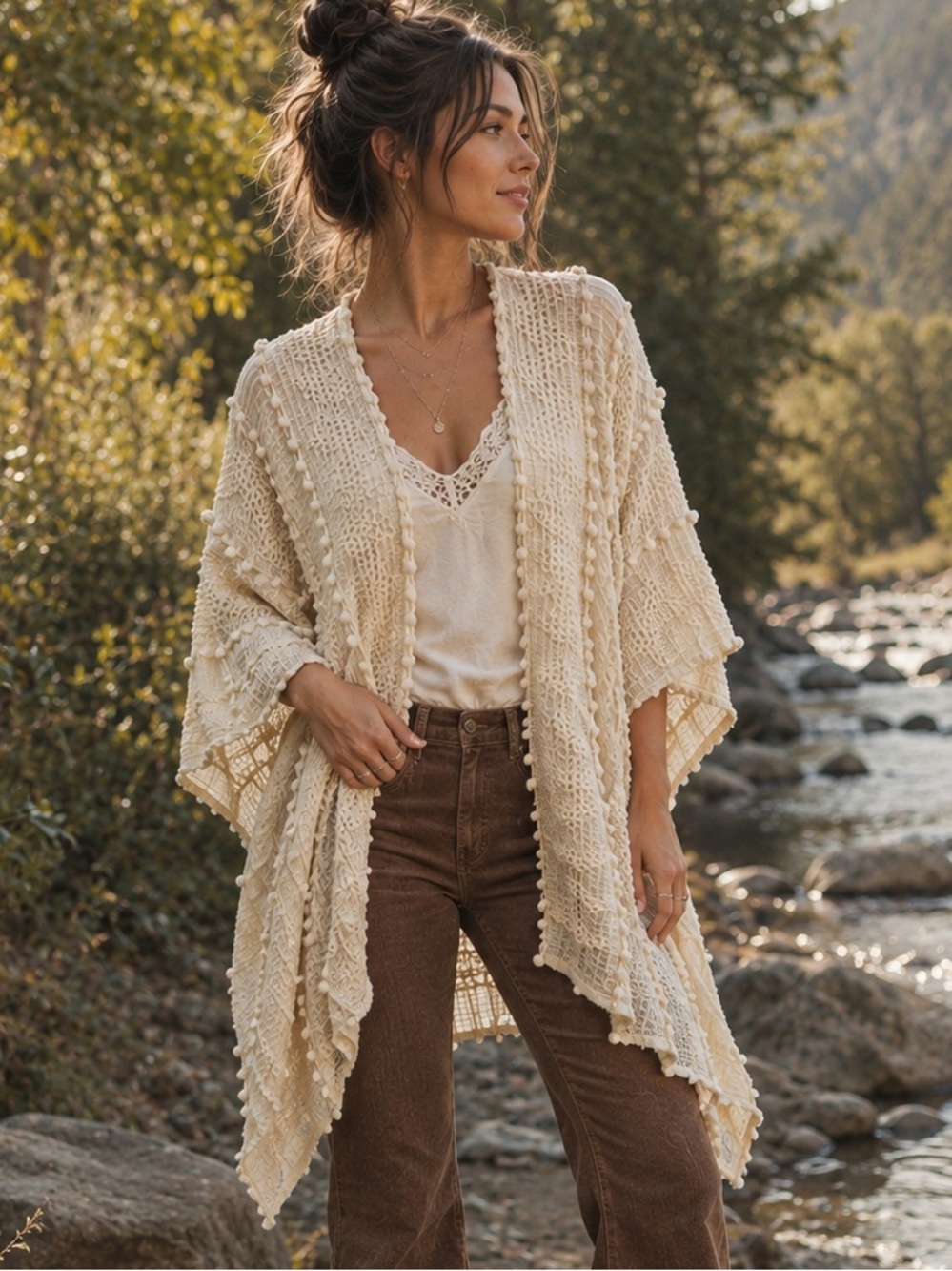 🤍 Cream Ivory Boho Textured Knit Kimono Open Front One Size Pom-Pom Poncho Layer